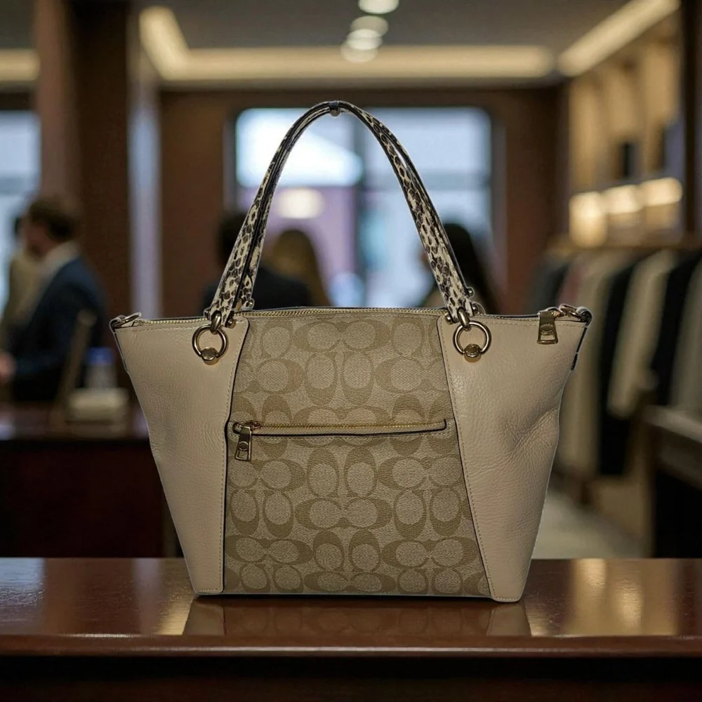 COACH Kacey Satchel/Crossbody Beige and Cream  with Faux Snake Skin  Handles - Picture 2 of 12